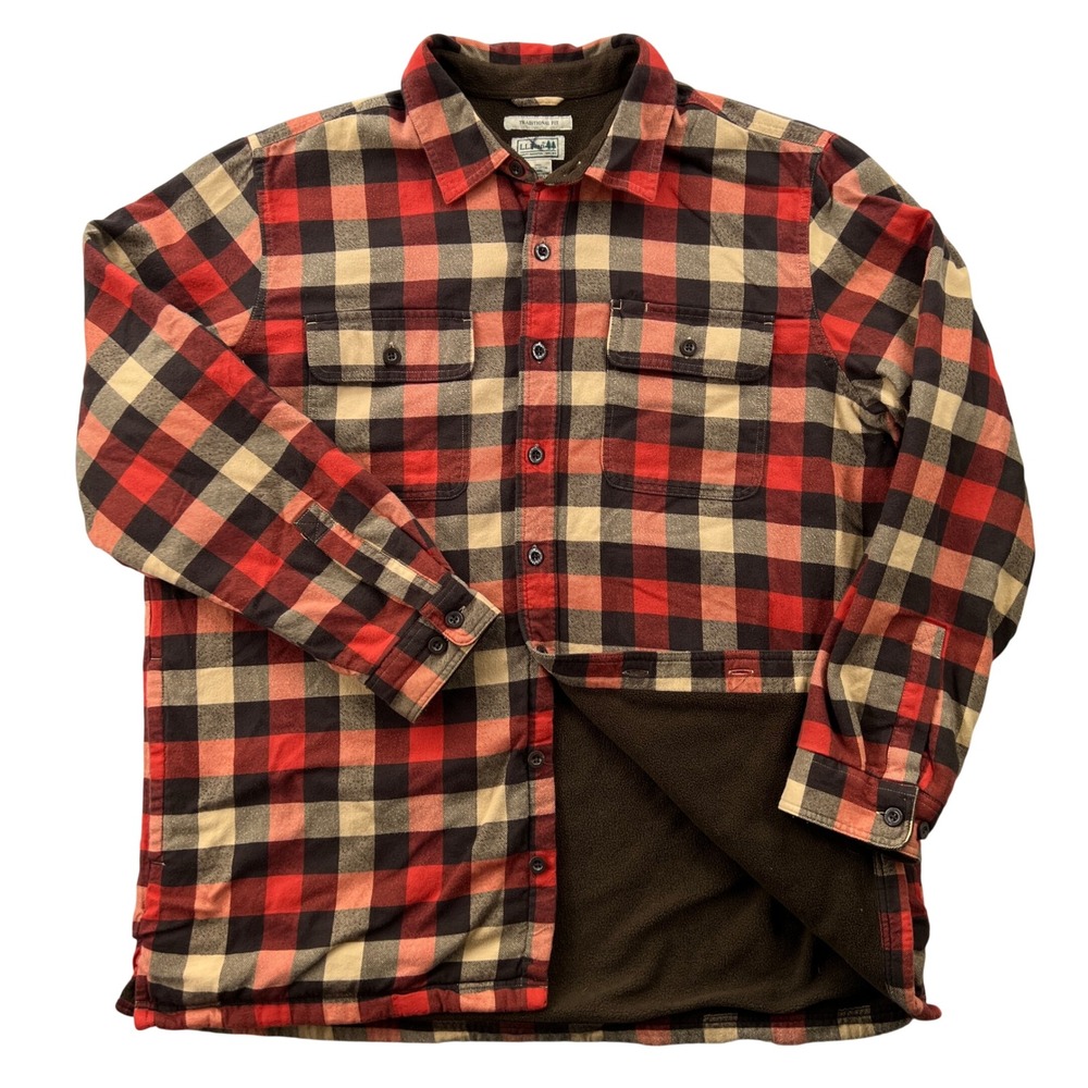 LL Bean Fleece Lined Flannel Shirt Jacket Mens XL Tall Red Plaid Shacket Outdoor